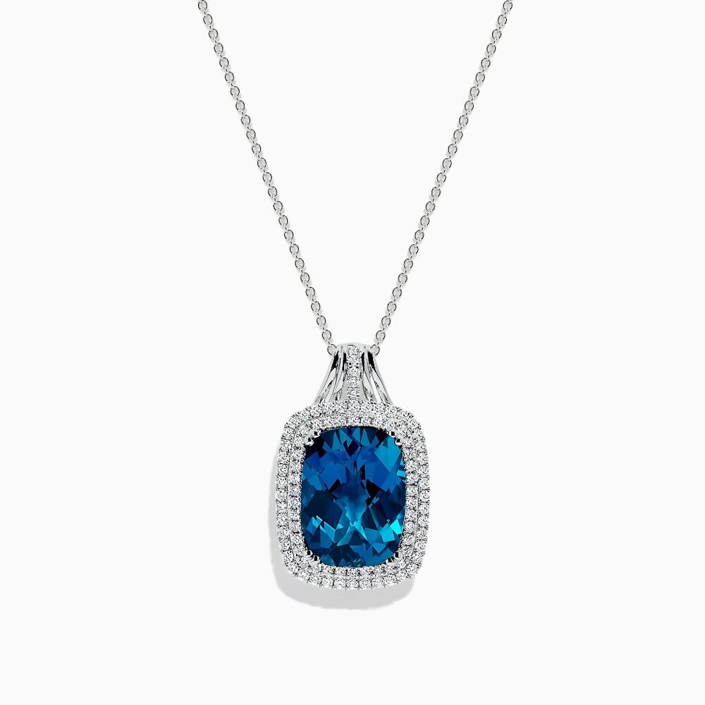 EFFY 11.7 Blue Topaz and Diamond Halo 14K White Gold Pendant Necklace